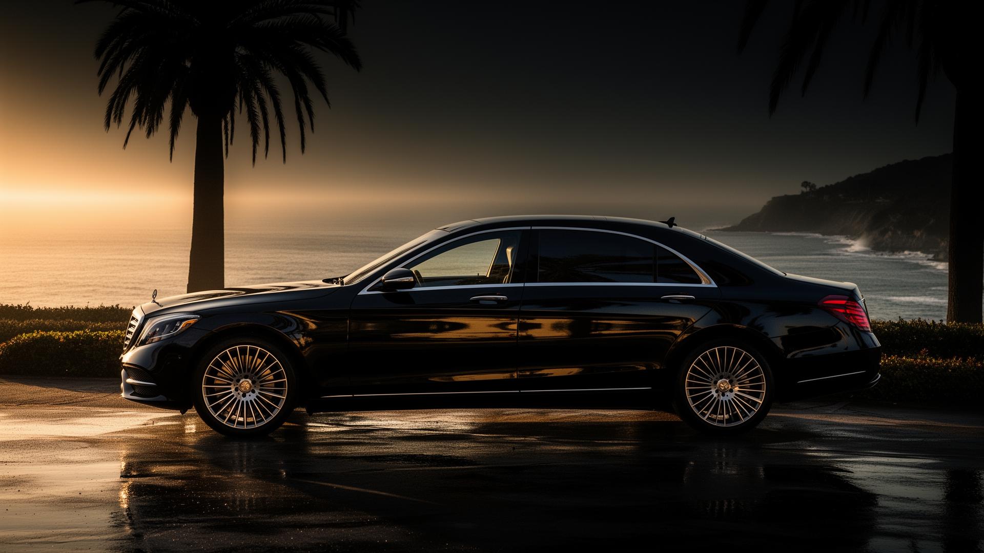 Luxury black sedan detailed at sunset on the Santa Barbara coast